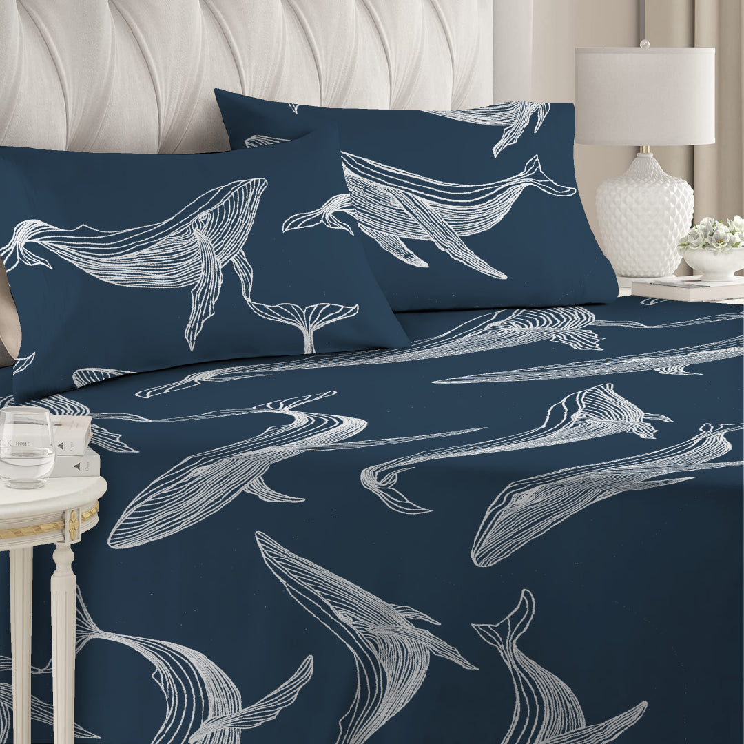 3 Piece - Whale Printed Blue Bed Sheet Set - 3009