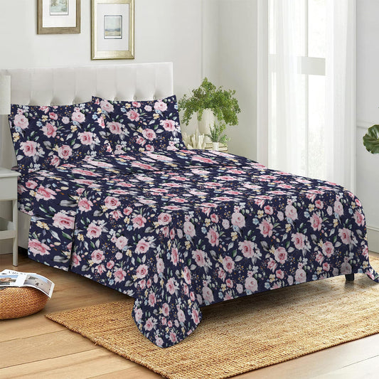 3 Piece - Pink Roses on Blue Printed Bed Sheet - 3032