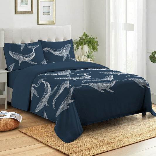 3 Piece - Whale Printed Blue Bed Sheet Set - 3009