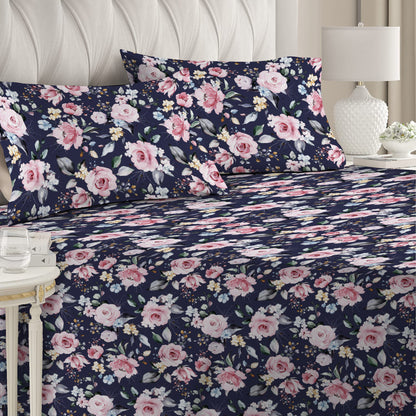 3 Piece - Pink Roses on Blue Printed Bed Sheet - 3032