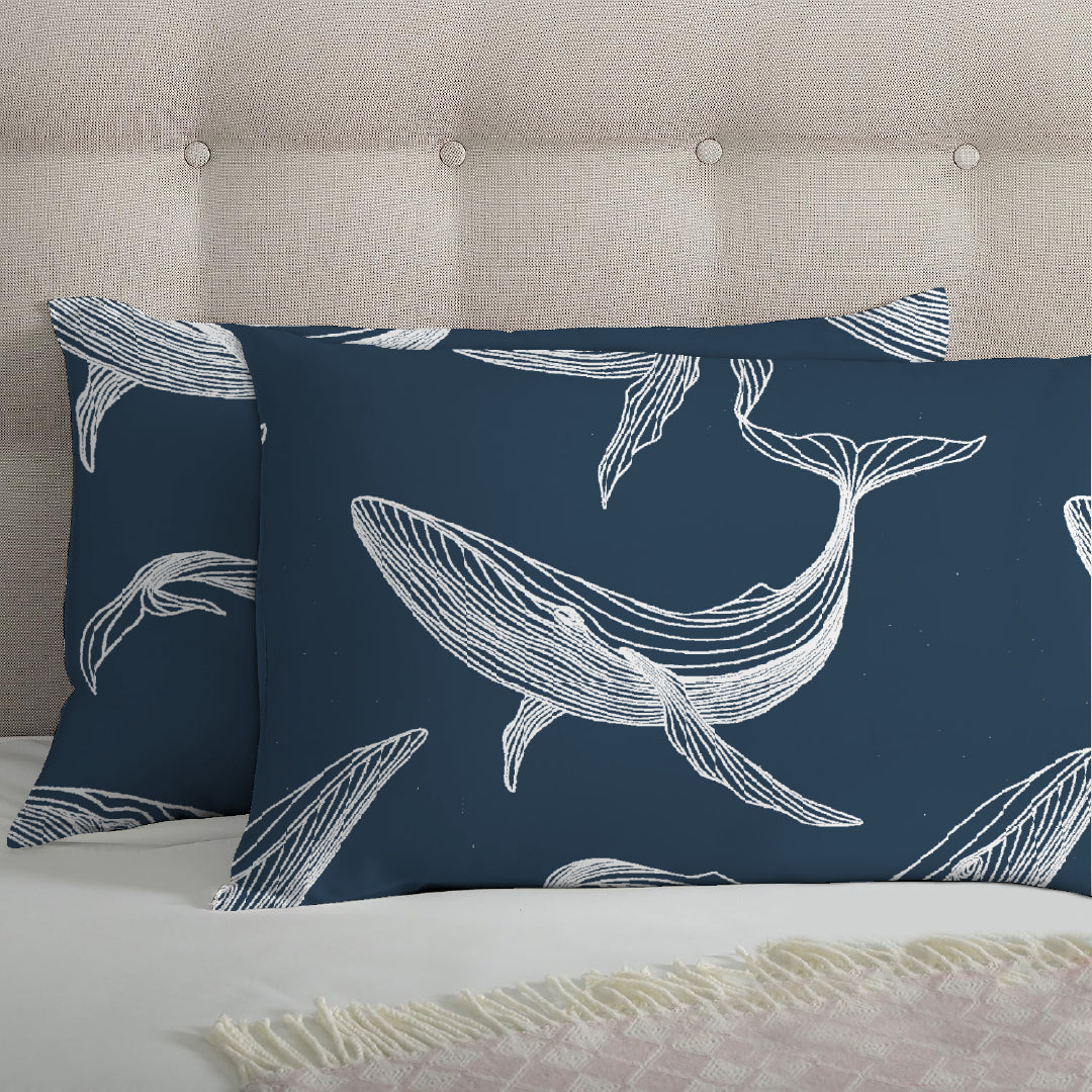 3 Piece - Whale Printed Blue Bed Sheet Set - 3009