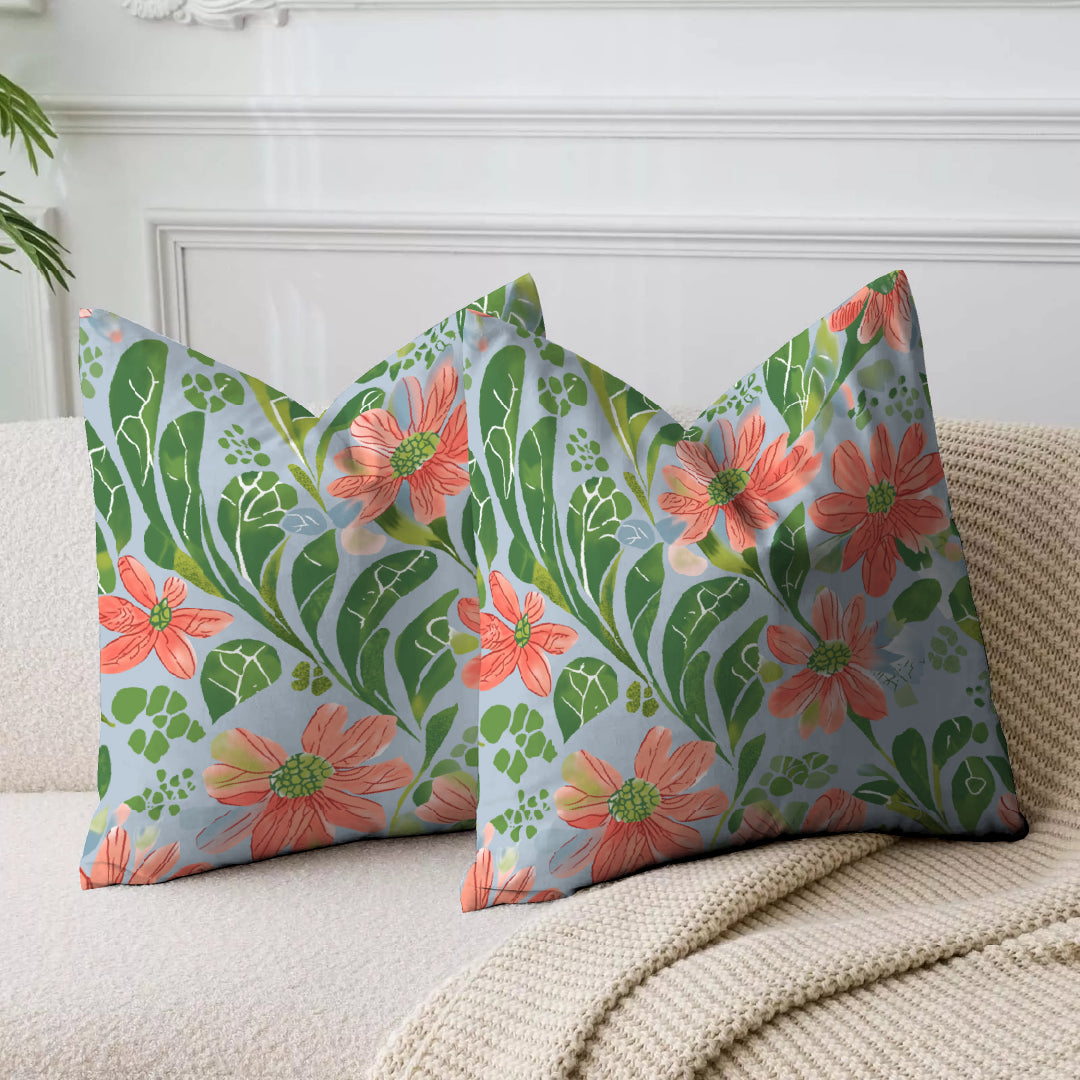 Coral Pink Floral Printed Cushion Cover