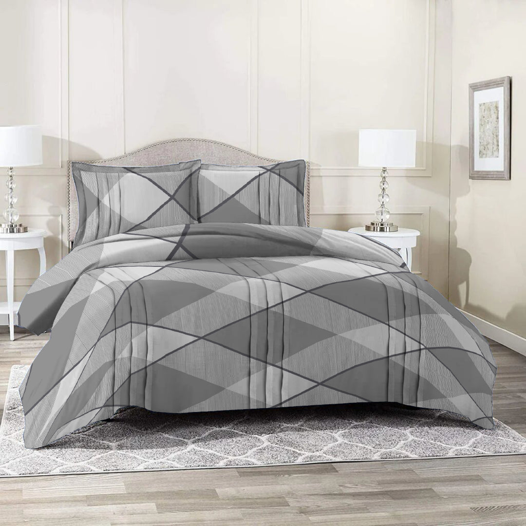 6 Piece - Checked Grey Lined Printed Duvet Cover Set