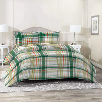 3 Piece - Light & Dark Green Checkered Printed Bed Sheet Set - 3154