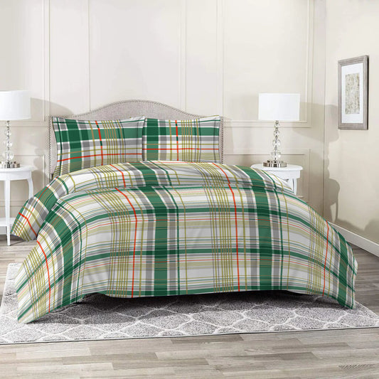 3 Piece - Light & Dark Green Checkered Printed Bed Sheet Set - 3154