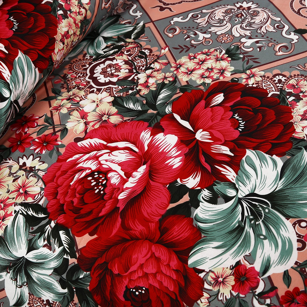 6 Piece - Red, Gray, and Peach Floral & Geometric Printed Duvet Cover Set