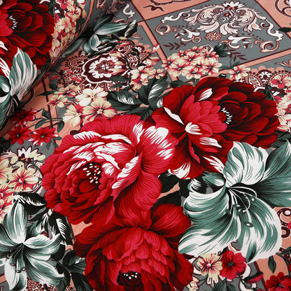 6 Piece - Red, Gray, and Peach Floral & Geometric Printed Duvet Cover Set