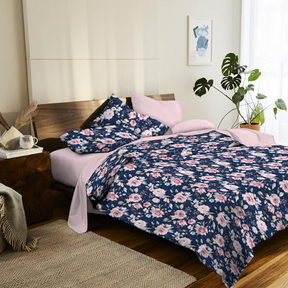 6 Piece - Pink Roses on Blue Printed - Comforter Set