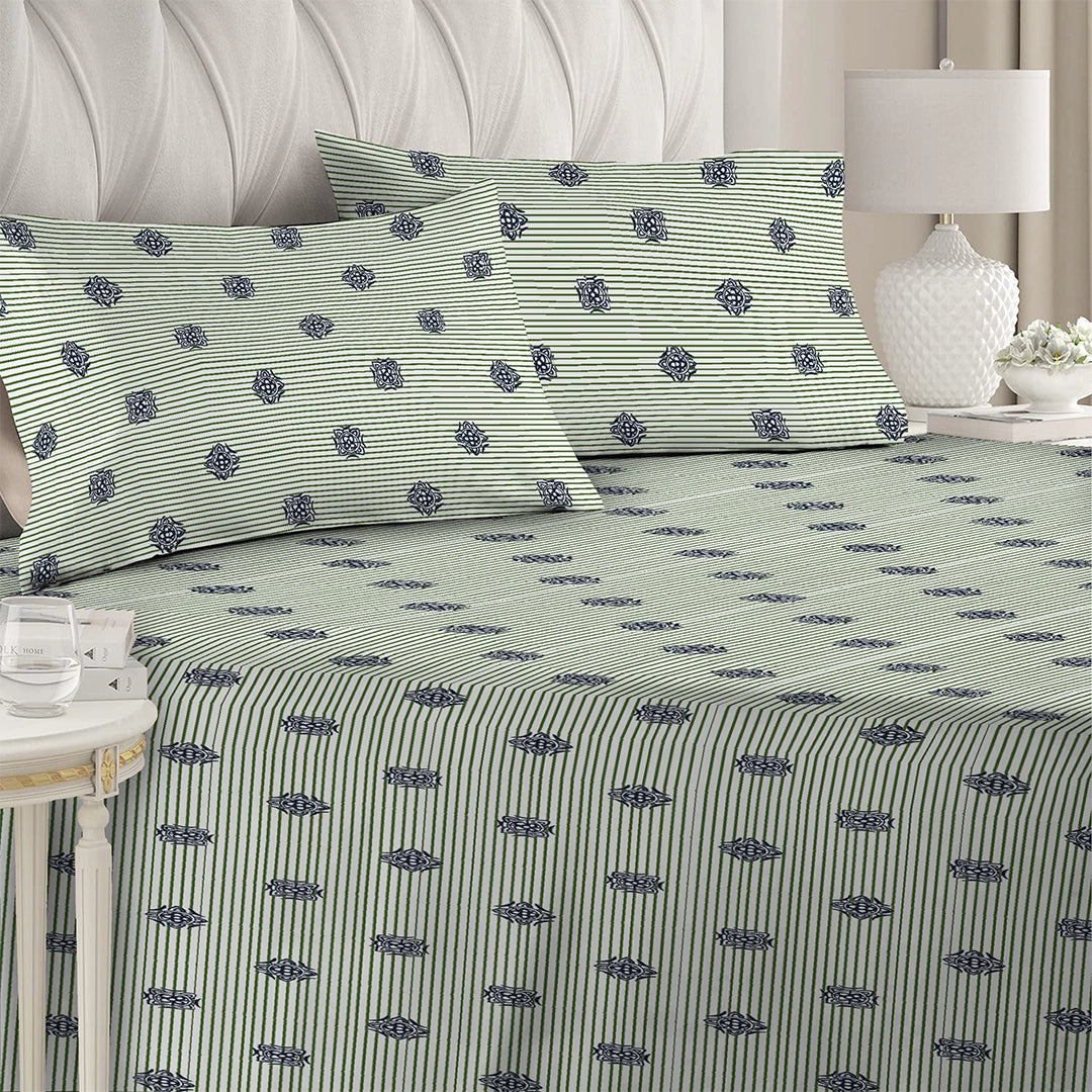 3 Piece - Green Stripe and Flower Printed Bed Sheet Set - 3003