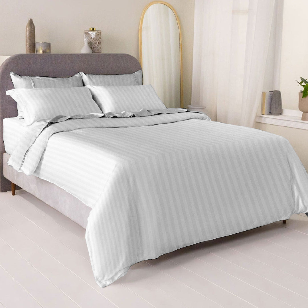 3 Piece - White Striped Cotton Sateen Bed Sheet Set