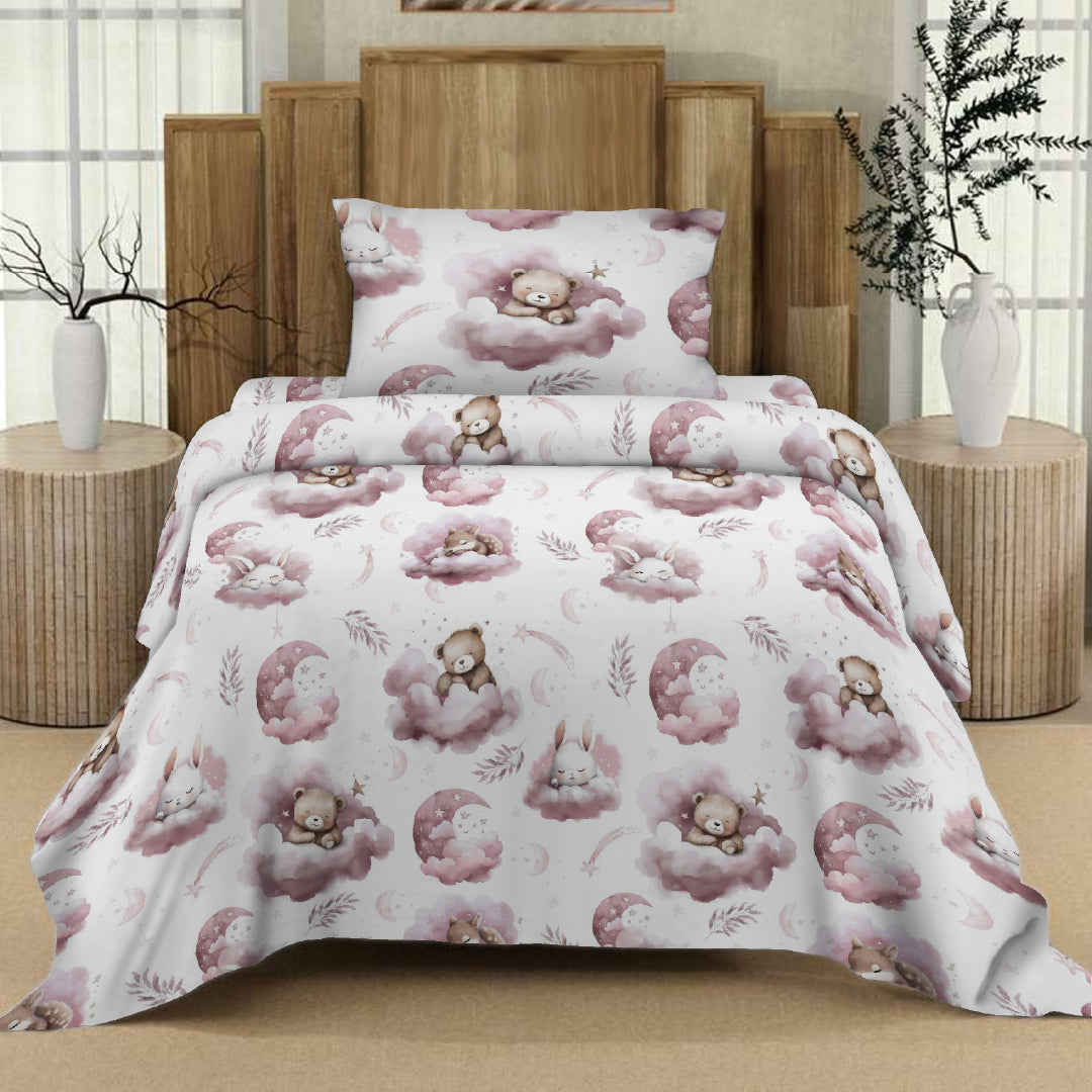 Teddy Printed Pink Kids Bed Sheet