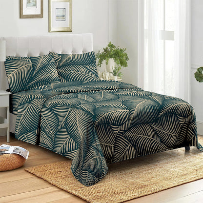 6 Piece - Dark Green Leaf Printed Duvet Cover Set