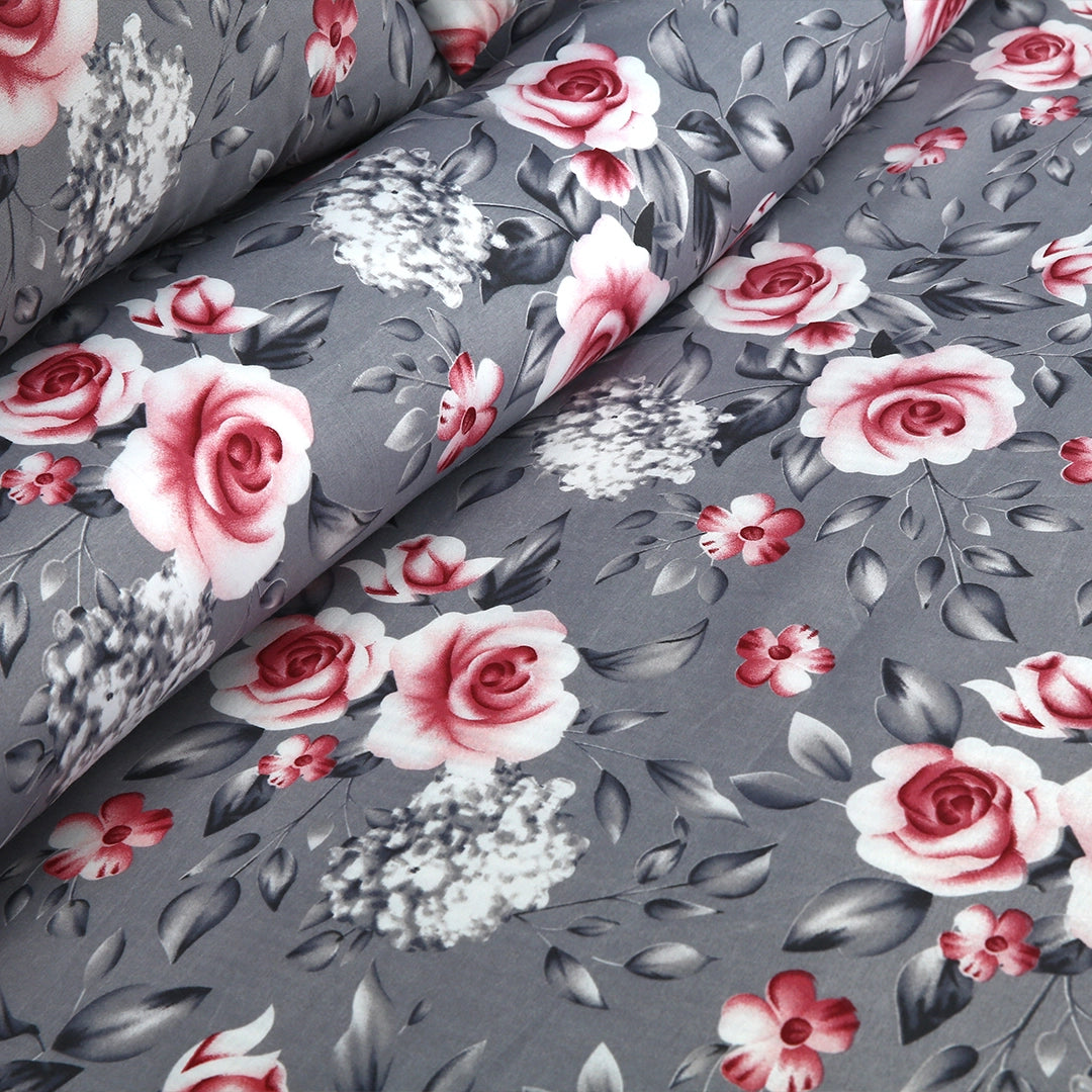 6 Piece - Gray Floral with Red and White Accents Printed Duvet Cover Set