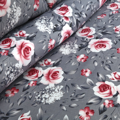 6 Piece - Gray Floral with Red and White Accents Printed Duvet Cover Set