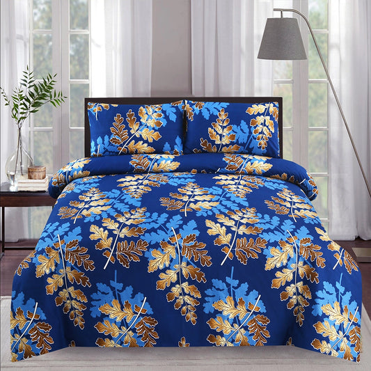 3/6 Piece - Royal Blue & Golden Leaf Print Set - 3388