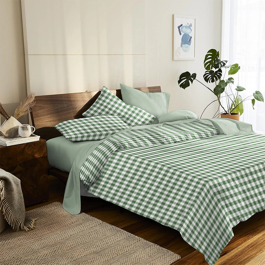 6 Piece - Green Checkered Printed - Comforter Set