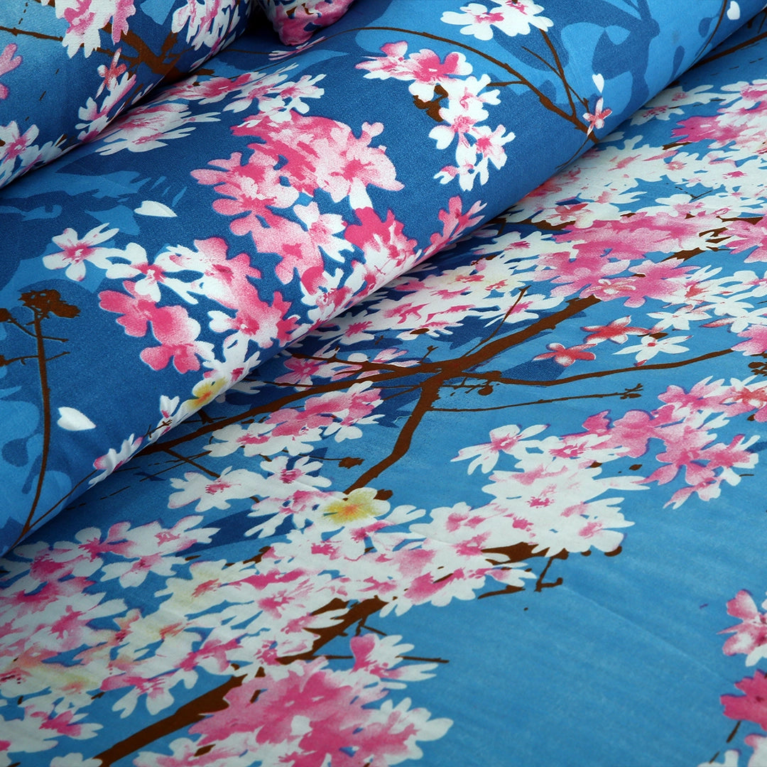 6 Piece - Dark Blue and Pink Floral Printed Duvet Cover Set