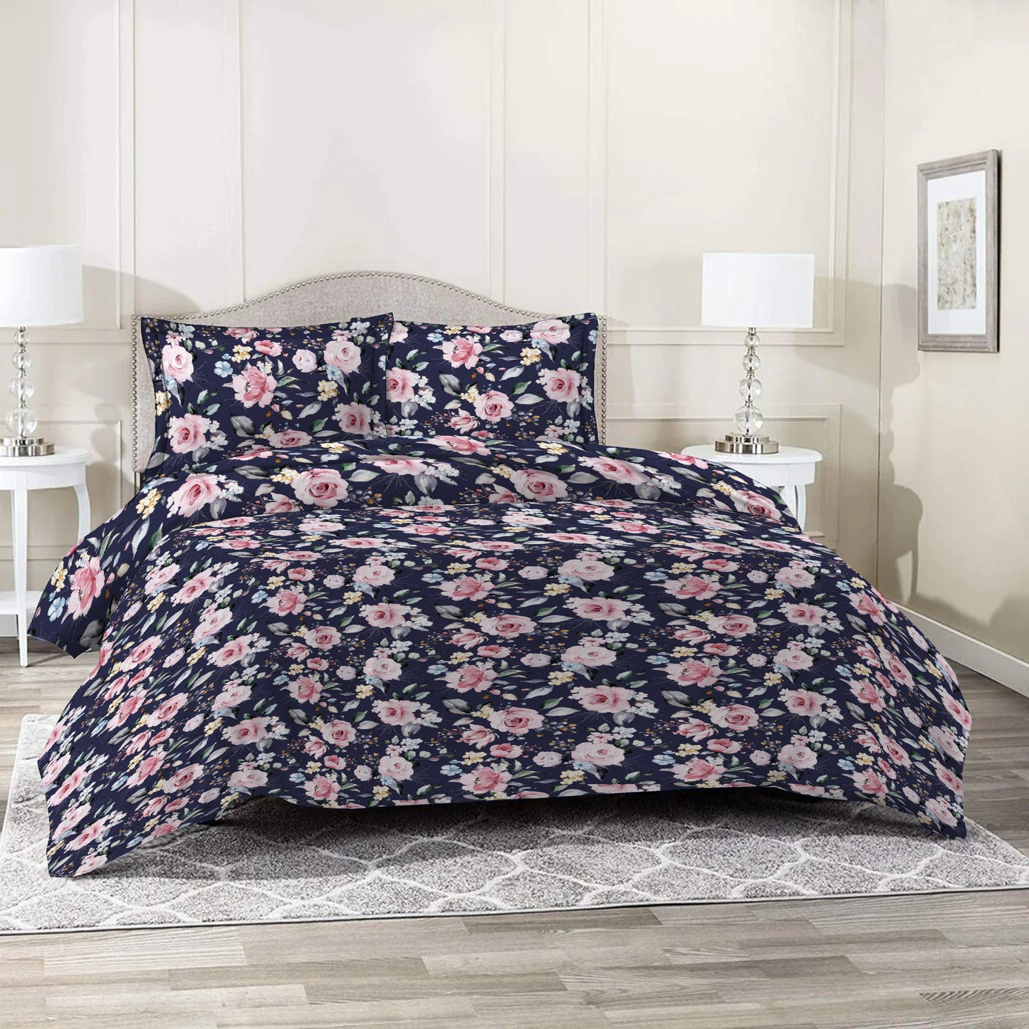 3 Piece - Pink Roses on Blue Printed Bed Sheet - 3032