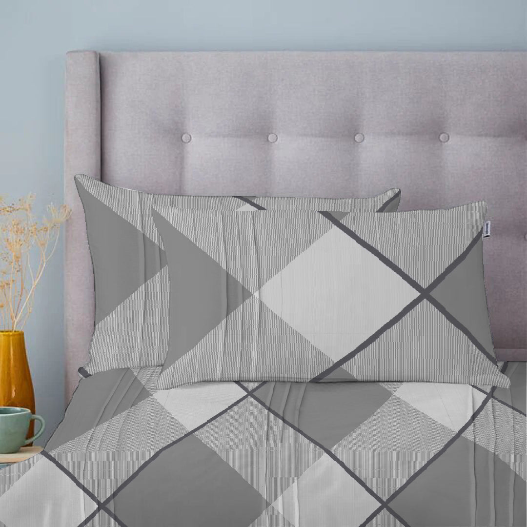 6 Piece - Checked Grey Lined Printed Duvet Cover Set