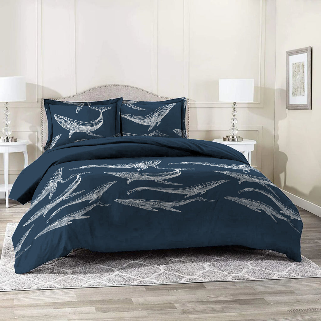 3 Piece - Whale Printed Blue Bed Sheet Set - 3009