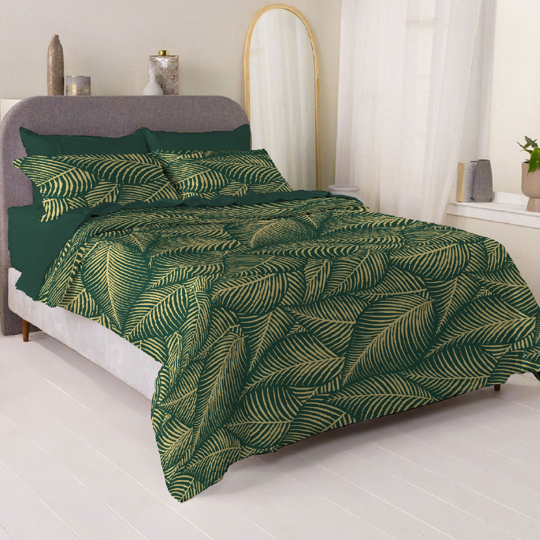 6 Piece - Dark Green Leaf Printed - Comforter Set