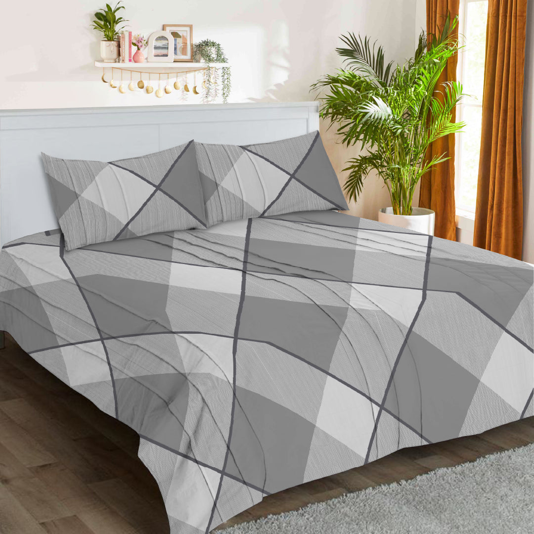 6 Piece - Checked Grey Lined Printed Duvet Cover Set