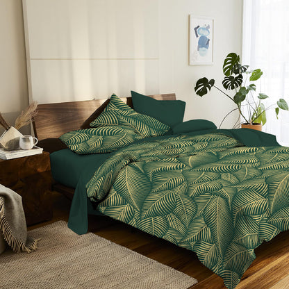 6 Piece - Dark Green Leaf Printed - Comforter Set