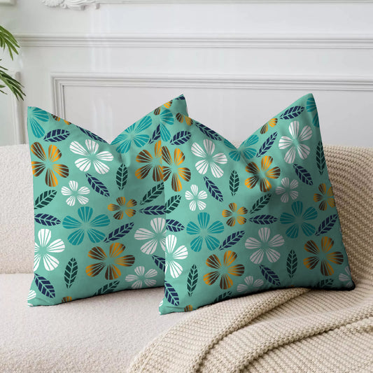 Turquoise Flowered Printed Cushion Cover