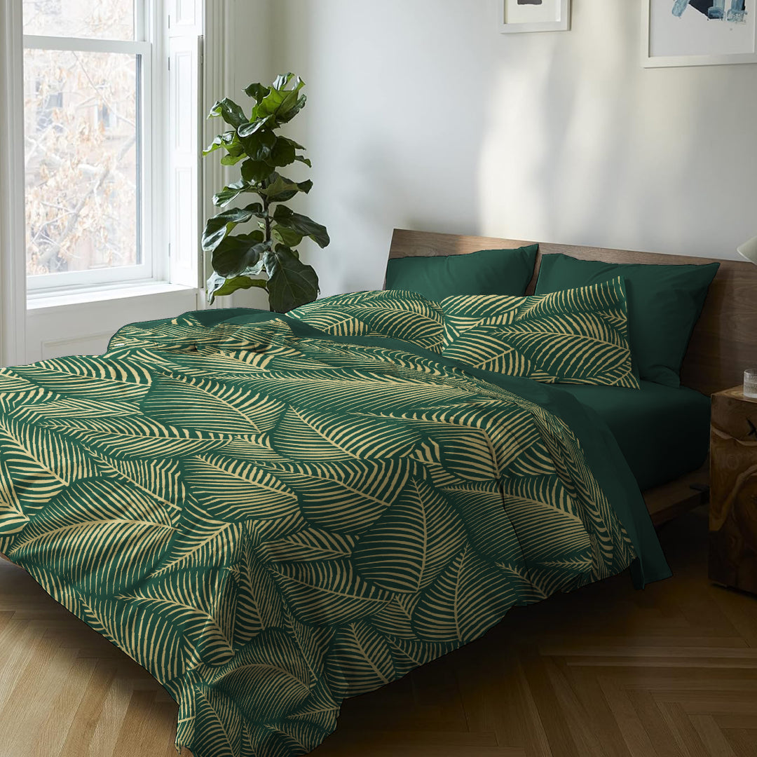 6 Piece - Dark Green Leaf Printed - Comforter Set