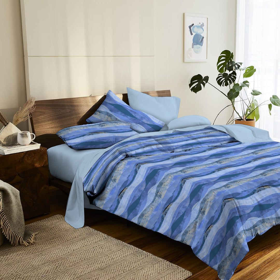 6 Piece - Waved Patteren Blue Printed - Comforter Set