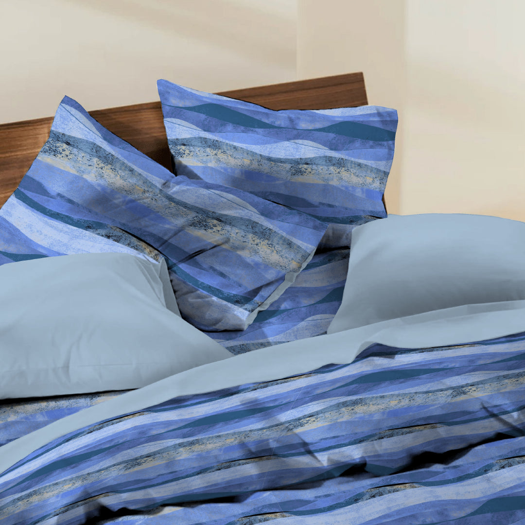 6 Piece - Waved Patteren Blue Printed - Comforter Set