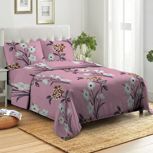 3 Piece - Flower Printed Light Mauve Bed Sheet Set - 3007