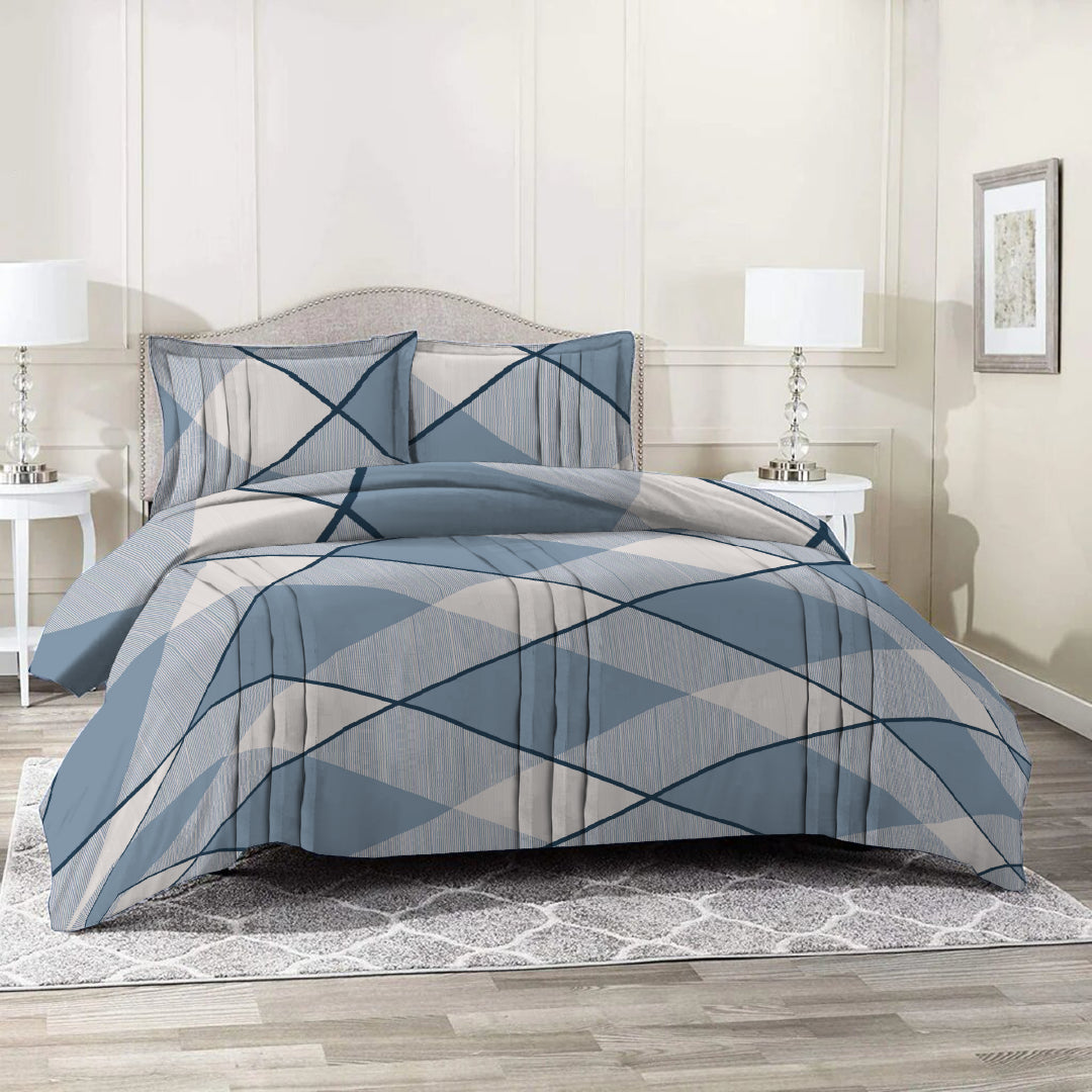 3 Piece - Checked Blue Lined Printed Bed Sheet - 3035