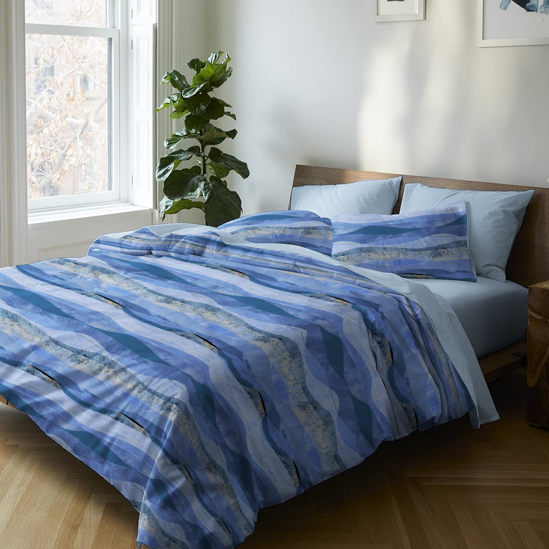 6 Piece - Waved Patteren Blue Printed - Comforter Set