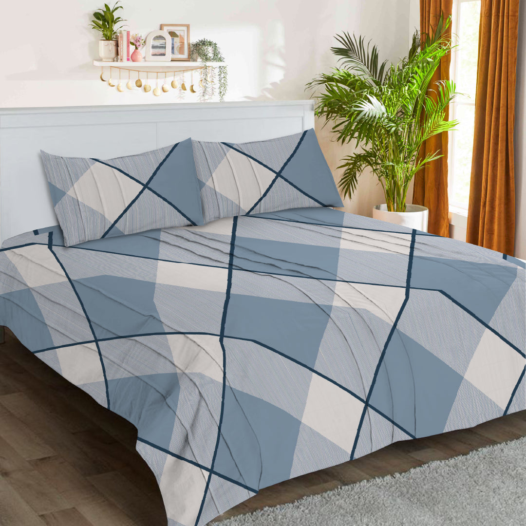 3 Piece - Checked Blue Lined Printed Bed Sheet - 3035