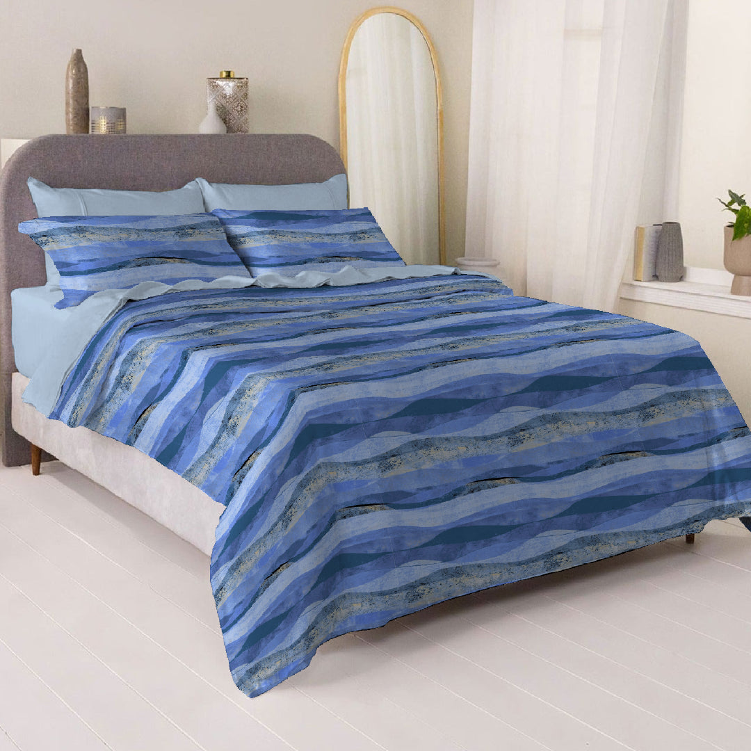 6 Piece - Waved Patteren Blue Printed - Comforter Set