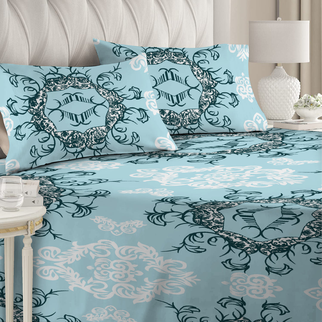 6 Piece - Motive Printed Pale Blue Duvet Cover Set