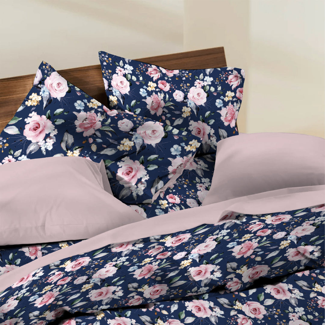 6 Piece - Pink Roses on Blue Printed - Comforter Set