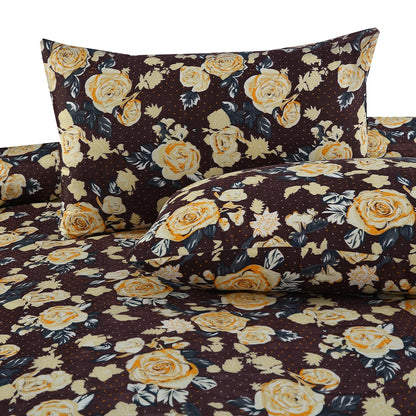 6 Piece -  Brown and Gold Floral Printed Duvet Cover Set