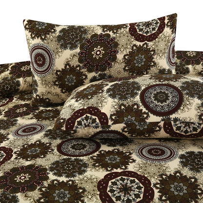 3 Piece - Brown, Beige, and Maroon Medallion Printed Bed Sheet Set - 3124
