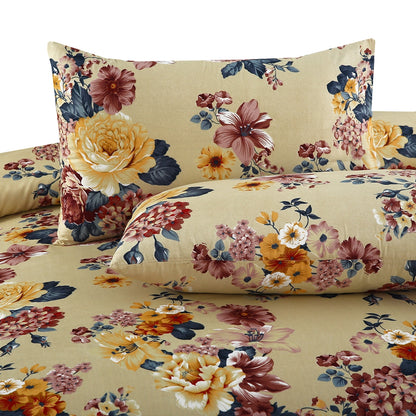 3 Piece - Burgundy, Yellow, and Cream Floral Printed Bed Sheet Set - 3125
