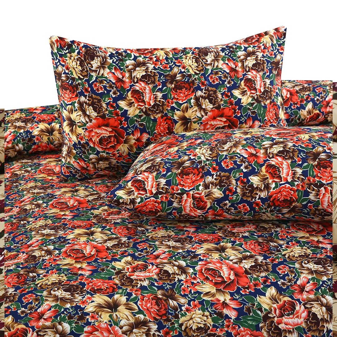 6 Piece - Red, Orange, and Blue Floral Printed Duvet Cover Set
