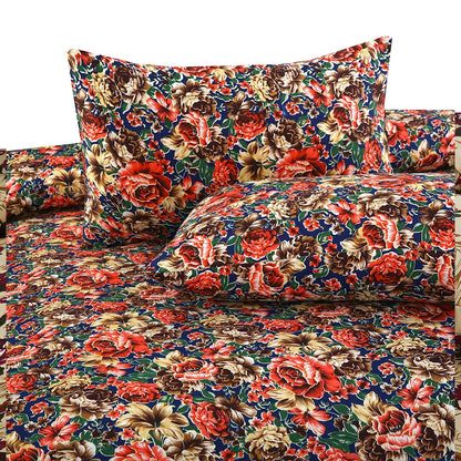 6 Piece - Red, Orange, and Blue Floral Printed Duvet Cover Set