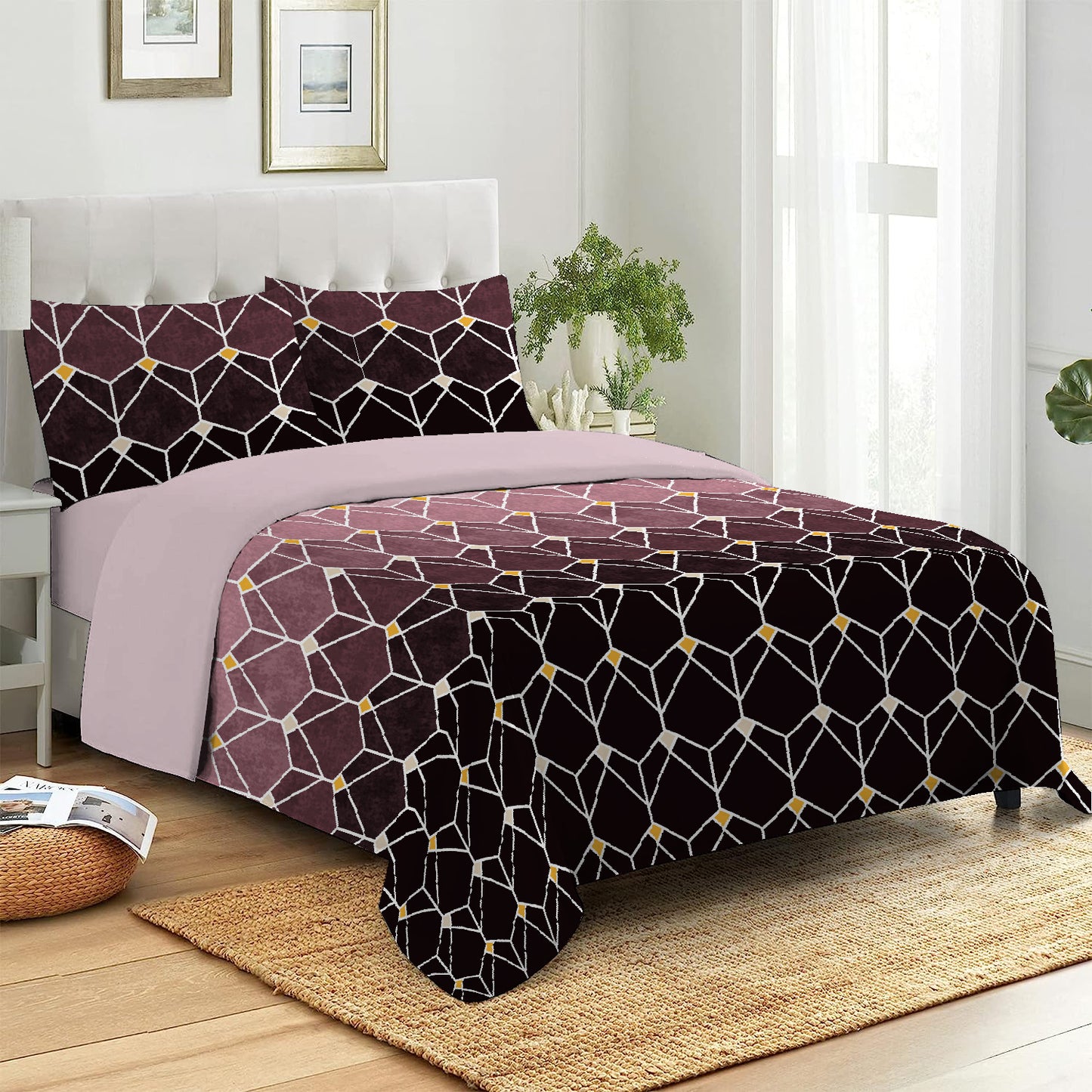 6 Piece - Purple Gradient Geometric Checked Duvet Cover Set