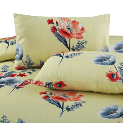6 Piece - Red, Blue, and Yellow Floral Printed Duvet Cover Set