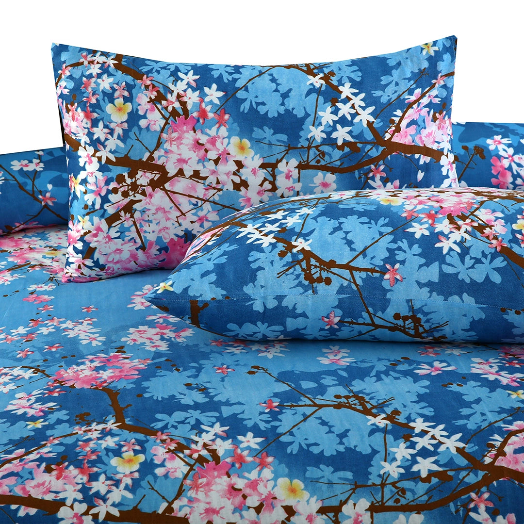 6 Piece - Dark Blue and Pink Floral Printed Duvet Cover Set
