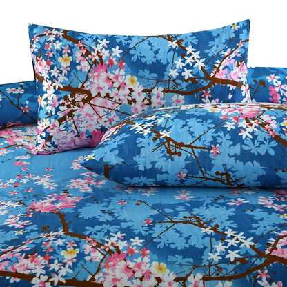 6 Piece - Dark Blue and Pink Floral Printed Duvet Cover Set