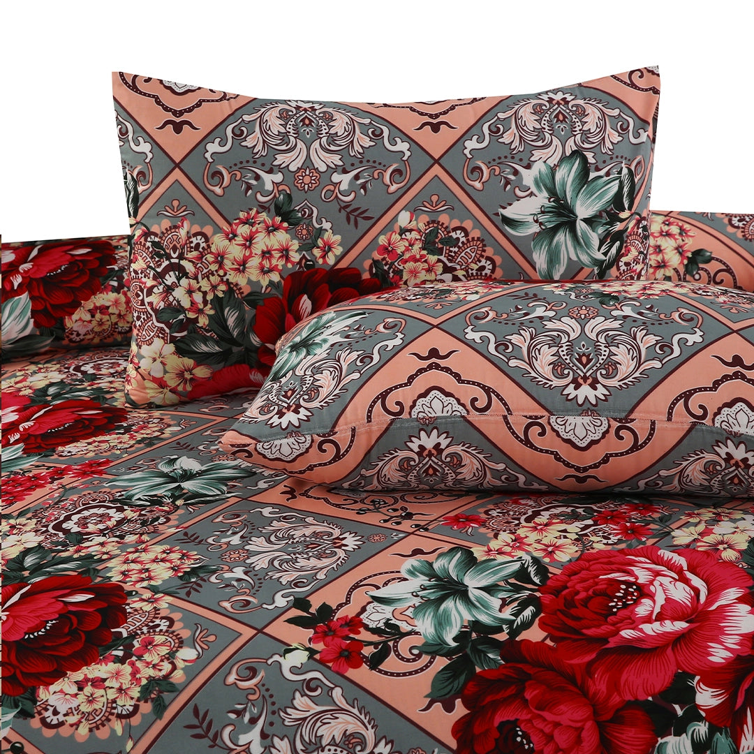 6 Piece - Red, Gray, and Peach Floral & Geometric Printed Duvet Cover Set