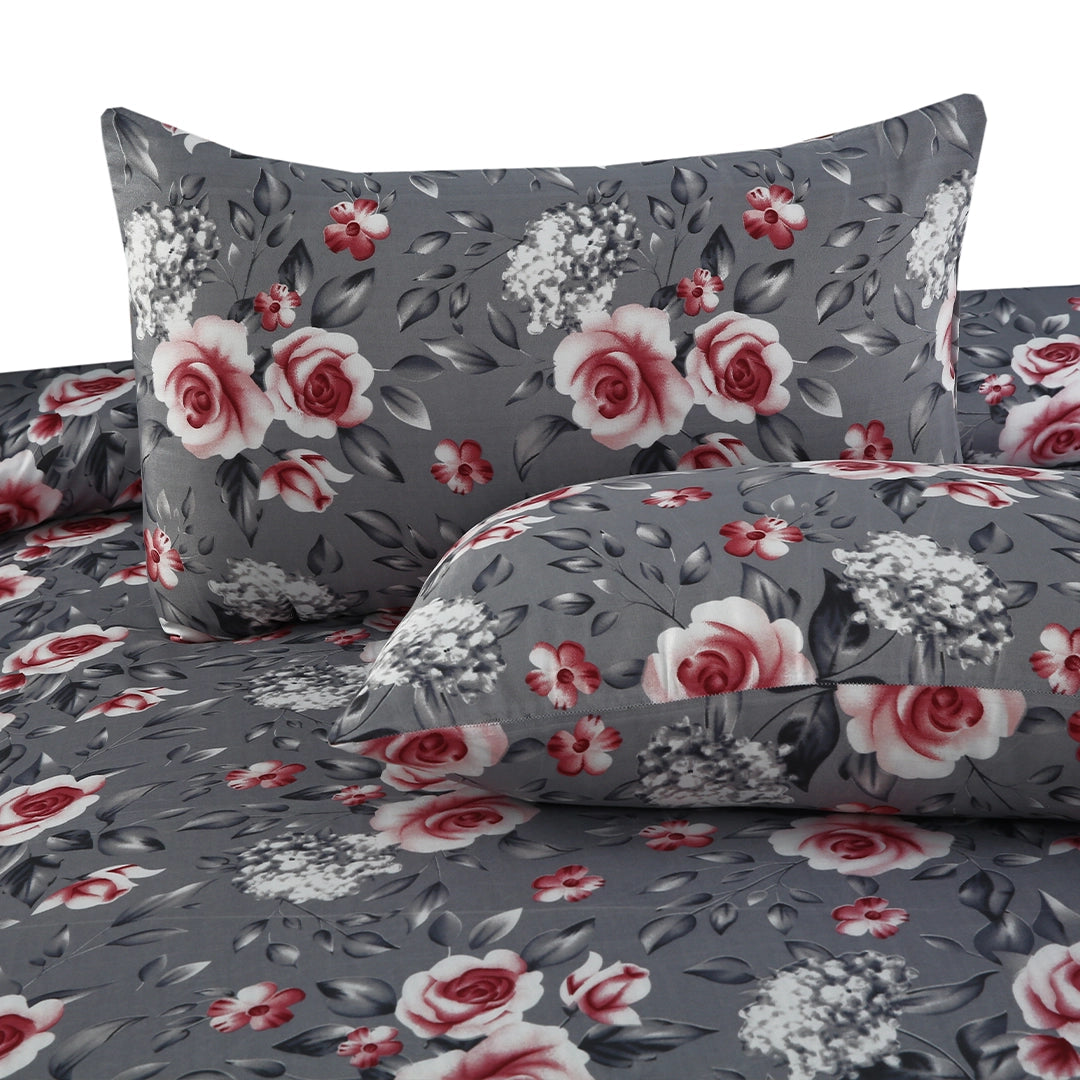 6 Piece - Gray Floral with Red and White Accents Printed Duvet Cover Set