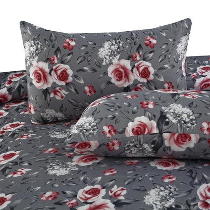6 Piece - Gray Floral with Red and White Accents Printed Duvet Cover Set